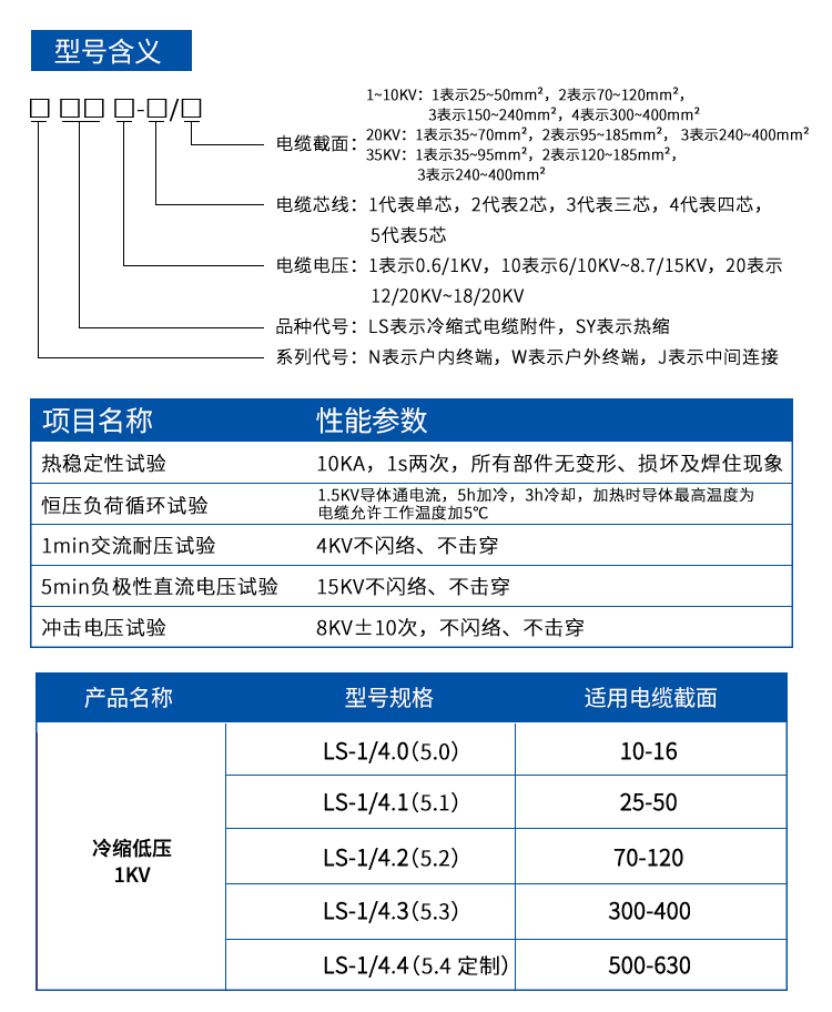 适用于1kv冷缩电缆终端头低压单芯二芯三芯四芯五芯冷缩电缆附件接头