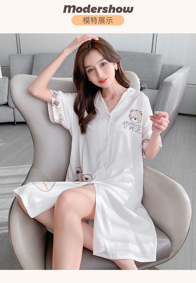 女士夏季睡裙睡裙女夏季短袖冰丝薄款性感纯欲风睡衣可爱网红家居服y