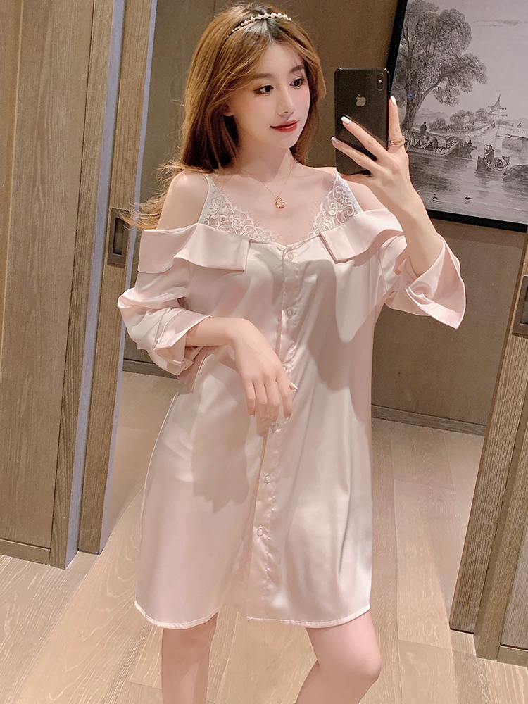 南极人2022年新品睡裙女春秋季冰丝性感薄款长袖真丝网红一字肩长款