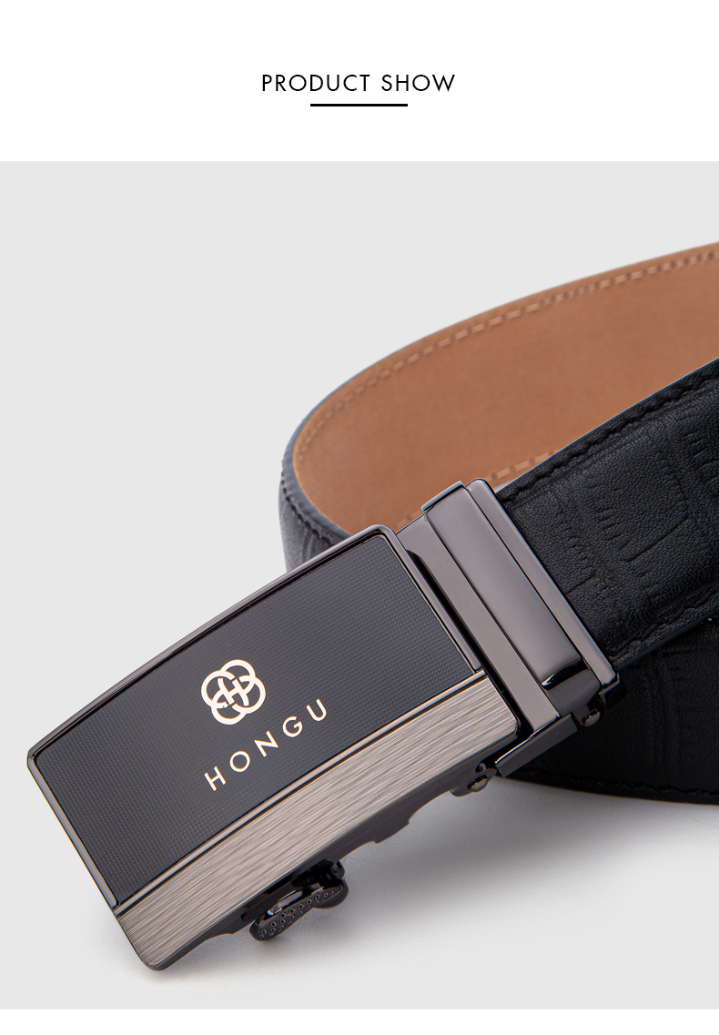 红谷hongu男士皮带自动扣商务简约时尚真皮男士腰带 漆黑 120cm