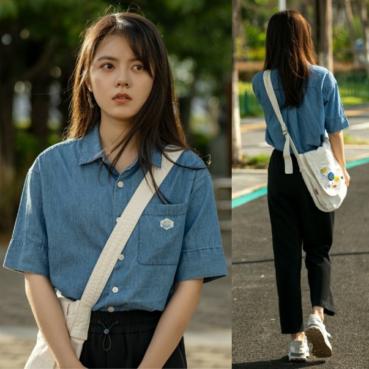 林中鸟捡漏开端周边衣服22年开端赵今麦李诗情同款蓝色复古牛仔短袖