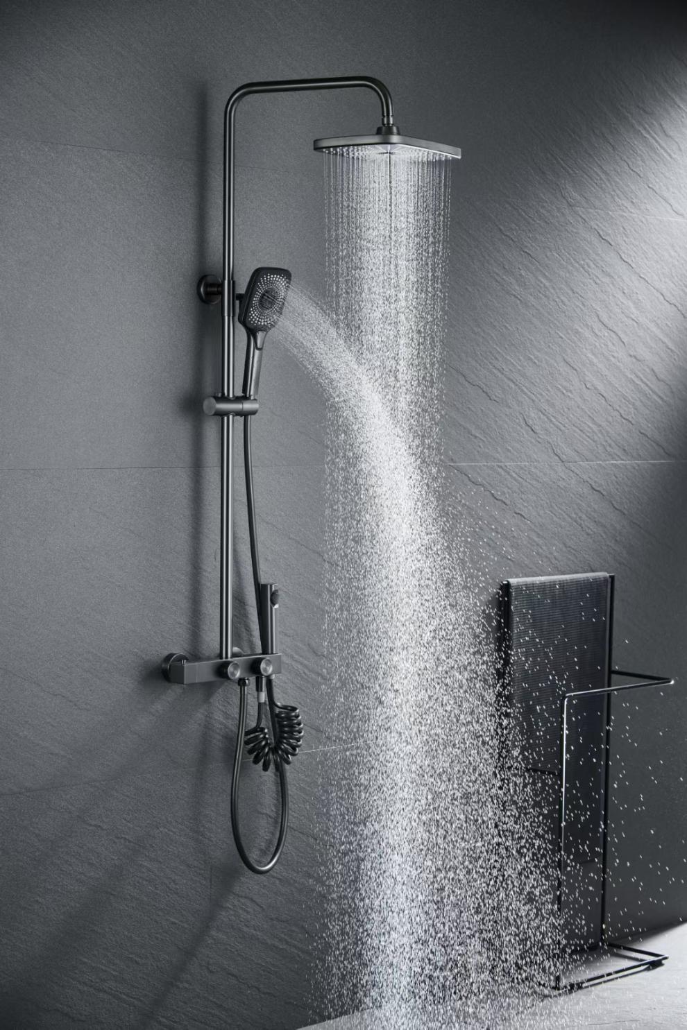 幻潮淋浴花洒四方双旋钮枪灰满天星恒温四出水淋浴浴室花洒带喷枪家用