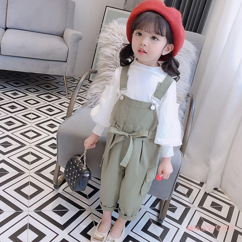 小女孩衣服5岁春天洋气新款童装女童纯色吊带裤灯笼袖衣 黑衣 粉裤 9