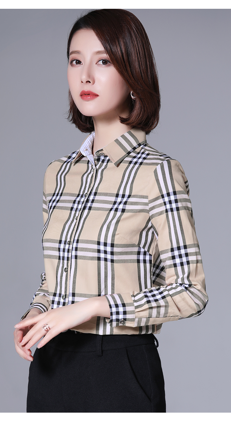 格子衬衫女长袖2020年春新款流行气质职业装衬衣复古设计打底上衣 深
