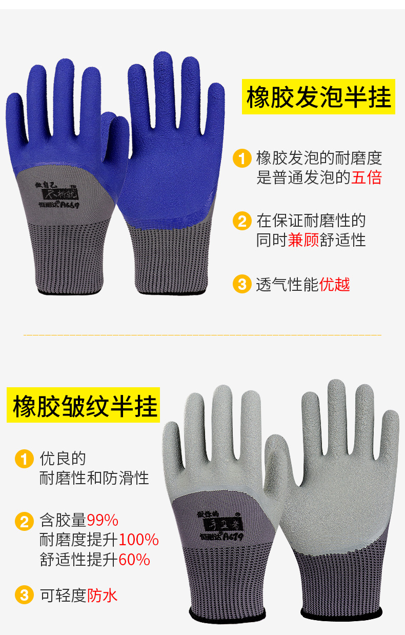 双巧 手套劳保工作橡胶耐磨防滑防水乳胶发泡劳动男工地干活塑胶带
