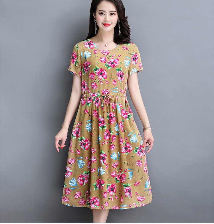 中老年妈妈棉绸连衣裙中年妇女夏装宽松大码人造棉碎花绵绸裙 4号色