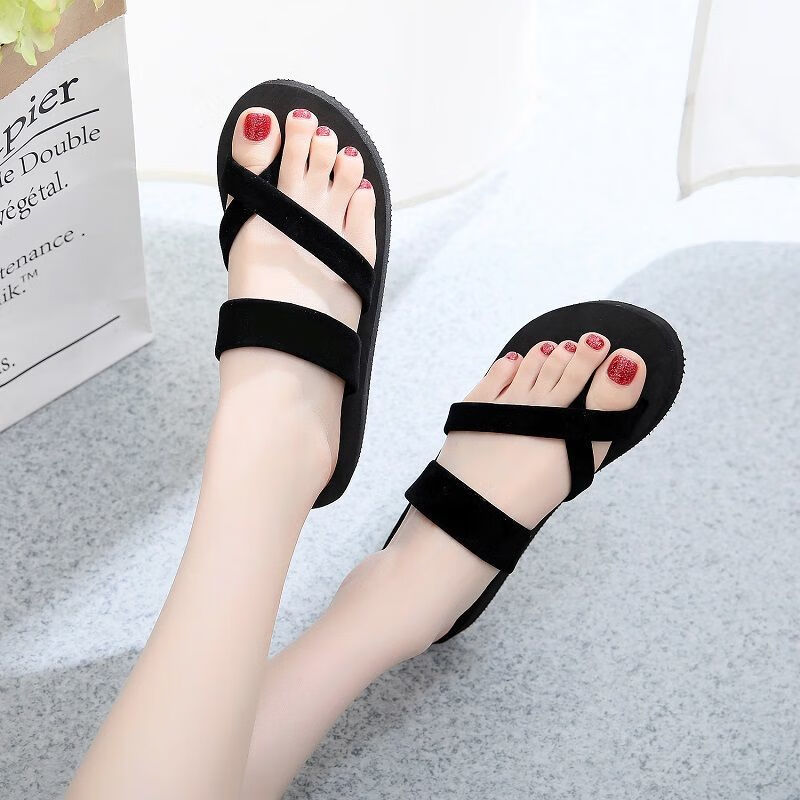 人字拖女沙滩拖套脚凉鞋女拖女学生韩版居室外平高跟凉拖gt中黑3cm