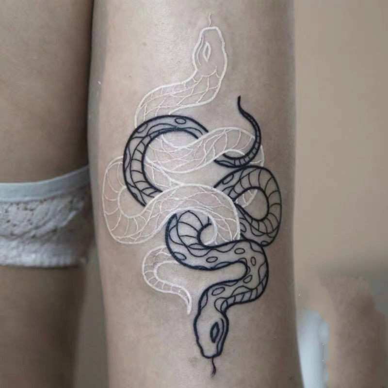 紋身貼草本花臂少女tattoo新工藝白色黑白蛇紋身貼 蛇 黑白線條蟒蛇手