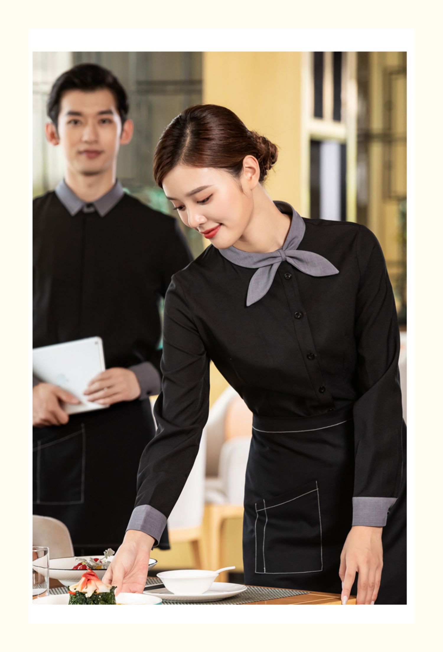 餐饮工作服长袖秋冬装餐厅酒店咖啡厅奶茶店服务员衬衫定制女5xl6xl大