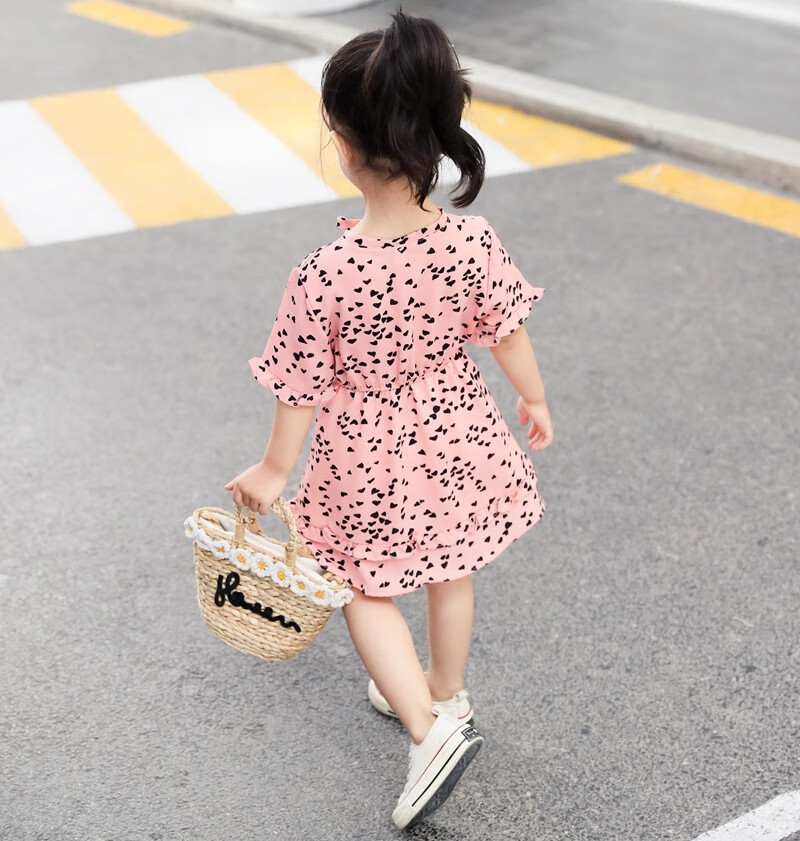 公主裙4岁女中童 粉色短袖点子爱心裙>中学生休闲甜心漂亮小孩子新品