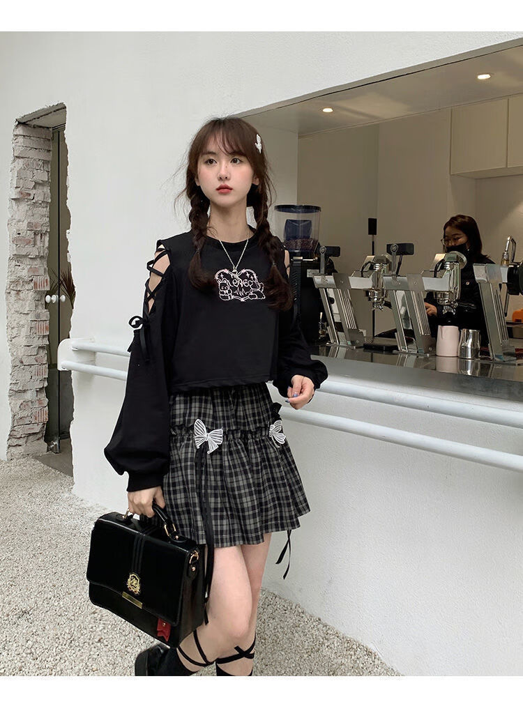 夏日焕新露肩长袖t恤女卫衣短款上衣格子短裙jk半身裙学生套装乐迪纯