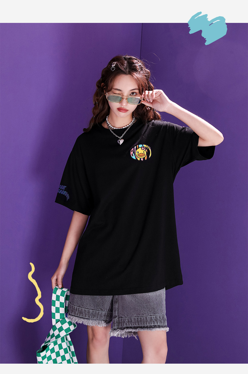 bduckbuffy短袖t恤女2022年夏季新款宽松休闲炫彩反光撞色潮酷t黑色xs