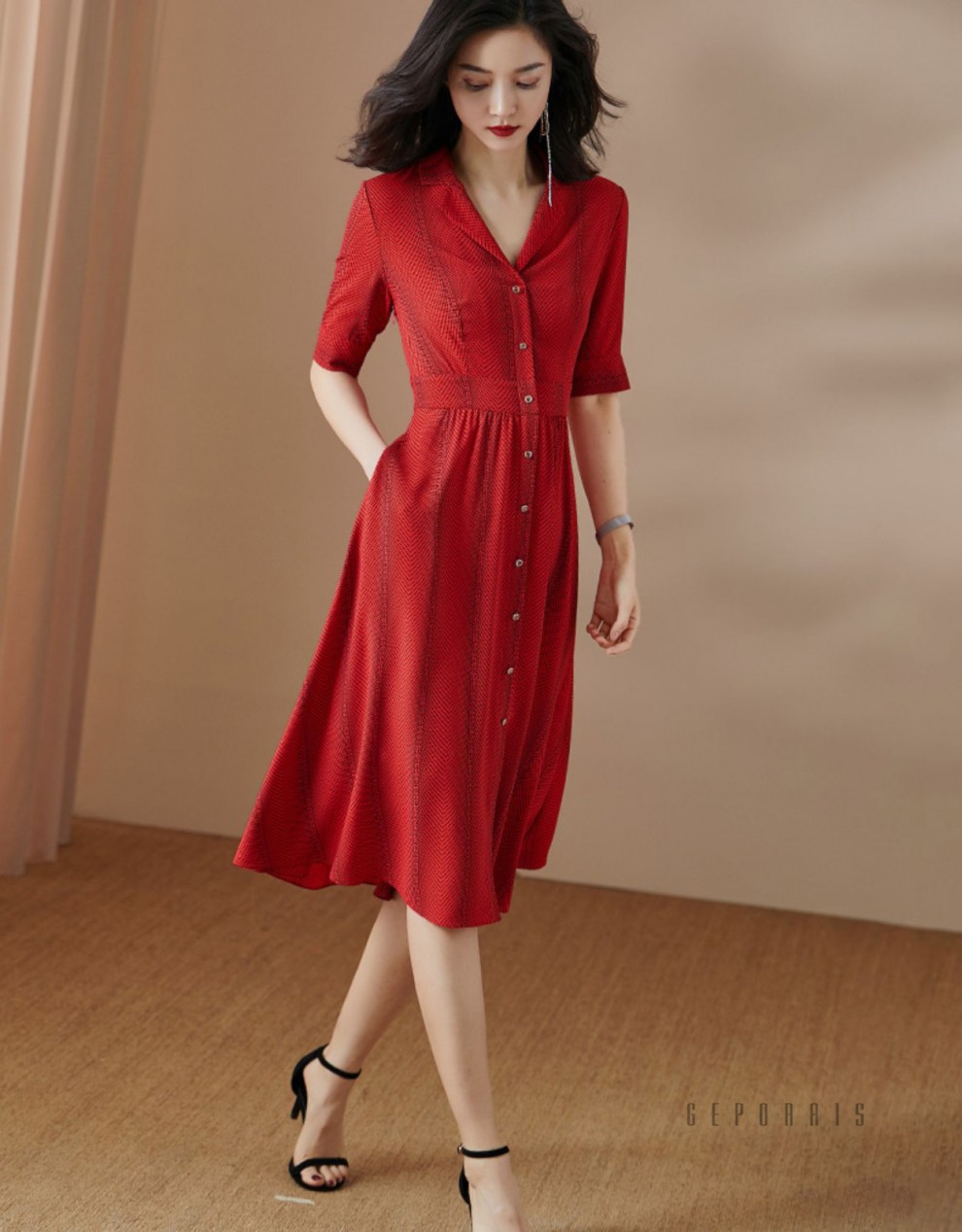 歌珀莱品牌女装2020夏季新款法式红色桔梗裙收腰西装领短袖波点连衣裙