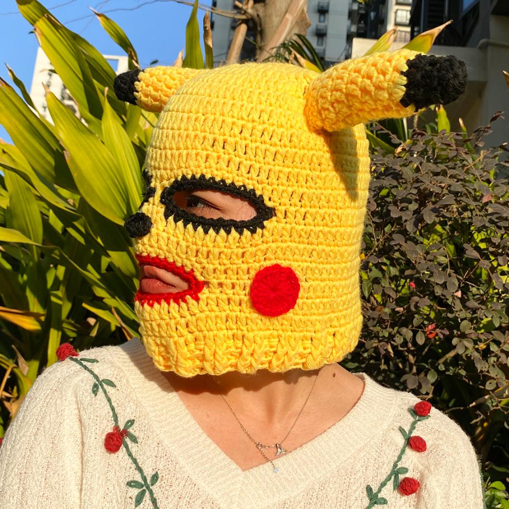 牛逼证抖音网红皮卡丘头套直播面罩恶棍搞笑吓人全脸毛线沙雕鱼面具