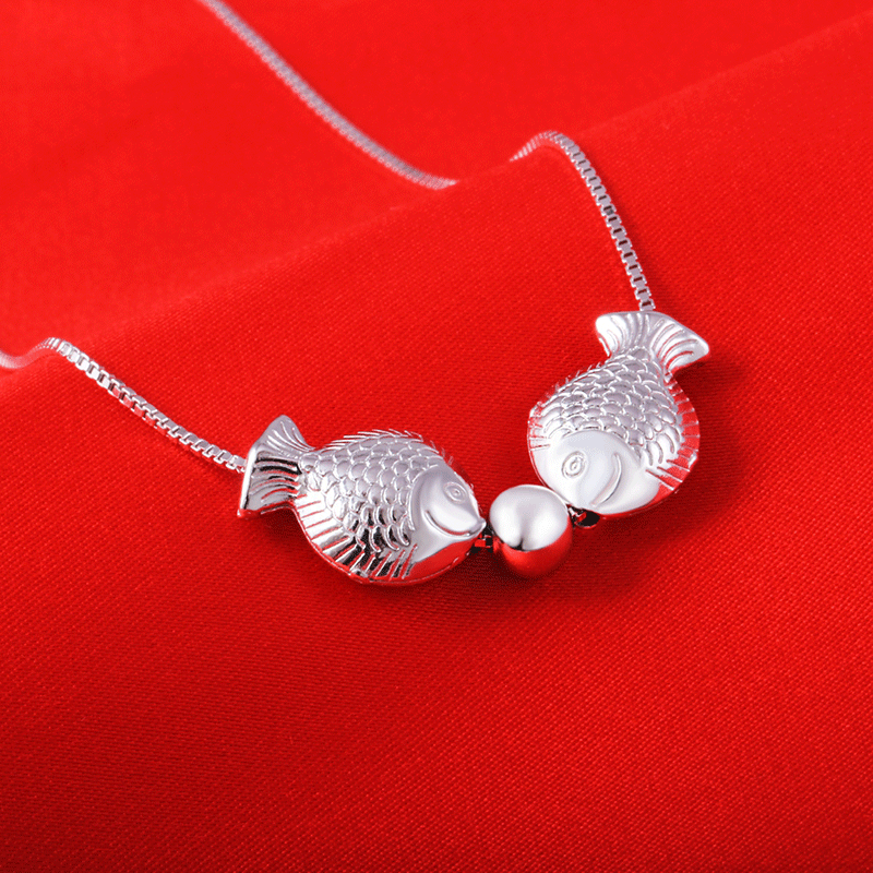 纯银亲嘴鱼项链饰品欧美复古韩版时尚 圆珠款 925银