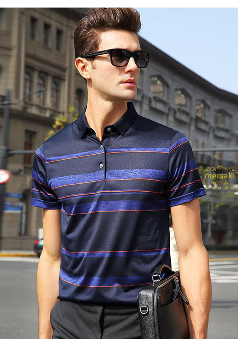 玛萨蒂轻奢品牌 夏季款冰丝光棉条纹翻领polo衫男休闲爸爸装短袖t恤衫
