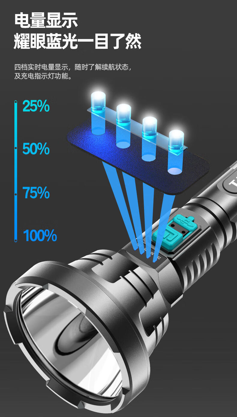 50000流明手電筒探跡手電筒軍專用強光防水充電一體式超亮50000w超遠
