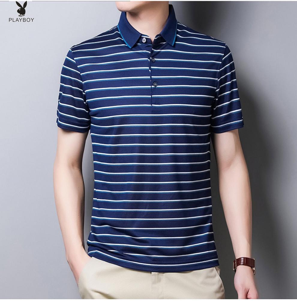 花花公子桑蚕丝polo衫男士t恤轻奢商务休闲青年宽松翻领条纹短袖大码