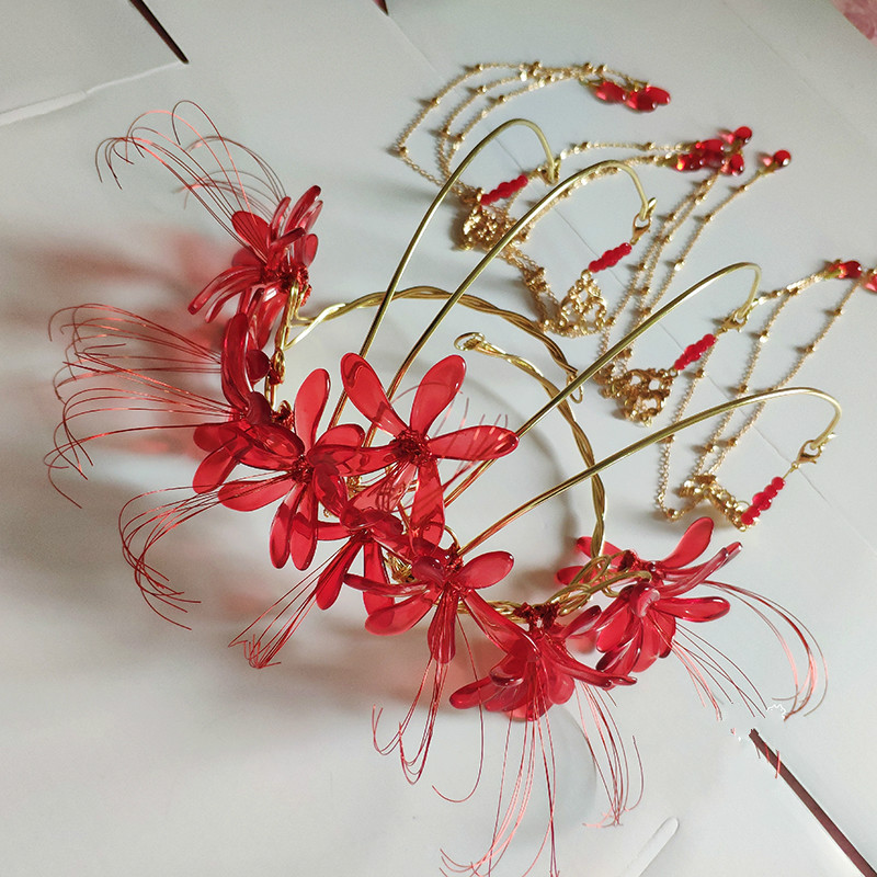 【忘相思】彼岸花发冠发簪汉服配饰红色古风手工发饰 红色【忘相思】