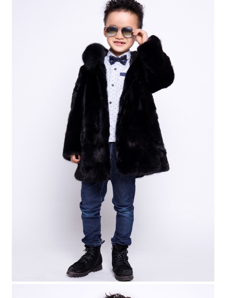 2017男女童装儿童水貂皮草裘皮大衣拼貂中长款狐狸毛带帽貂皮外套 全