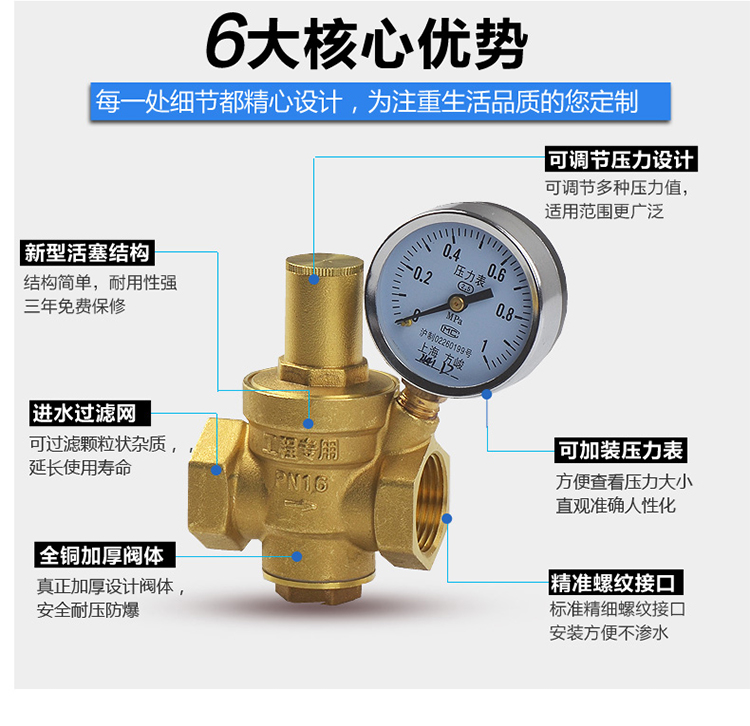 家用自來水減壓閥4分6分水管穩壓閥熱水器淨水器恆壓閥黃銅加厚4分