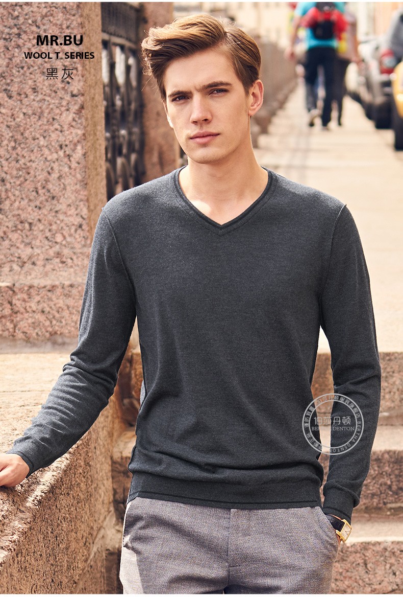 伯莎丹顿长袖针织衫纯色简约v领男士上衣2018春季时尚新品男装毛衣