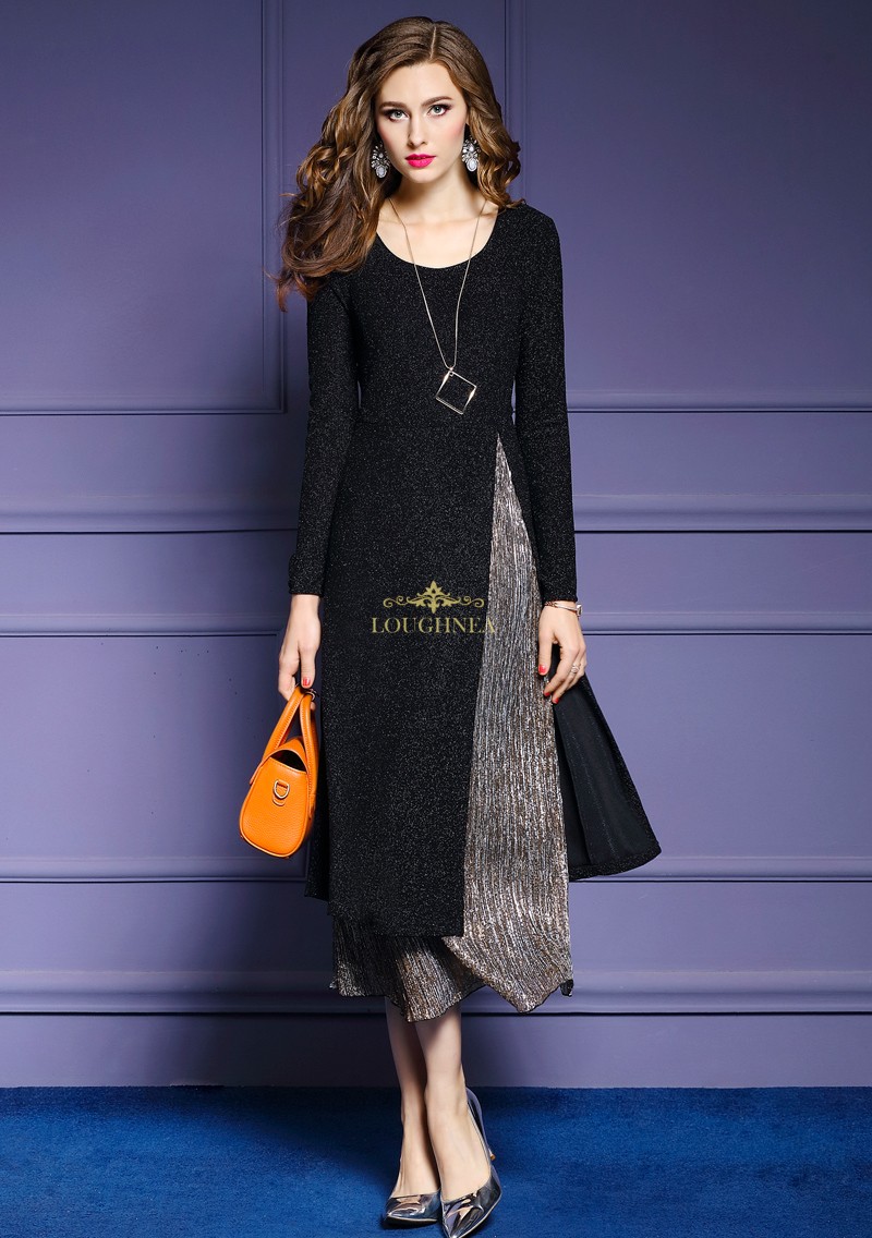 loughnea轻奢品牌亮片拼接连衣裙女2017冬季新品时尚收腰ol通勤大摆裙