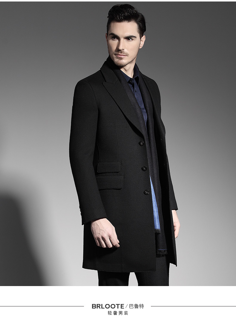 brloote巴鲁特男士羊毛呢子大衣修身中长款风衣外套秋冬装黑色17092a