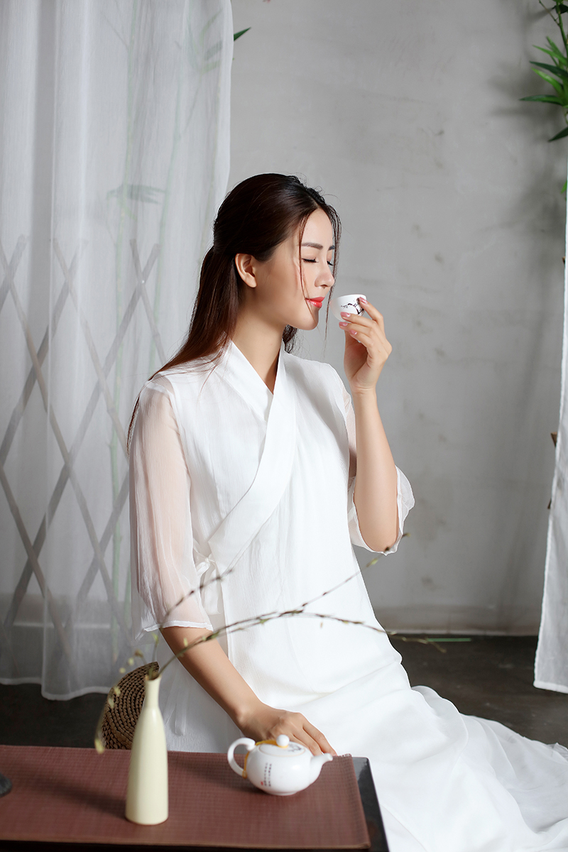 春夏禅意真丝白色仙女汉服连衣裙交领双层长袍子香道茶人古琴服 白色