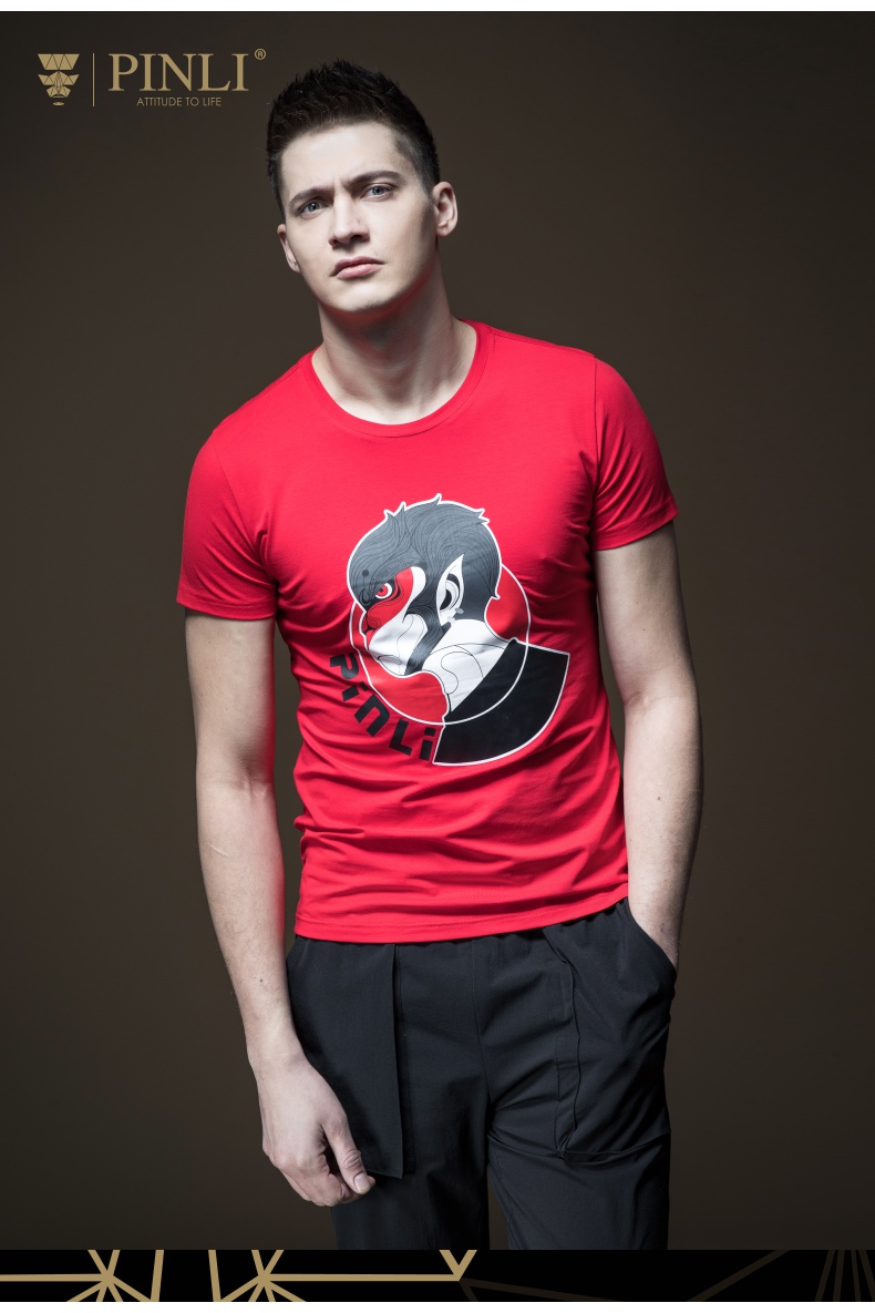 pinli品立夏季新款男装修身圆领印花短袖t恤男衣服b182311276 黑色