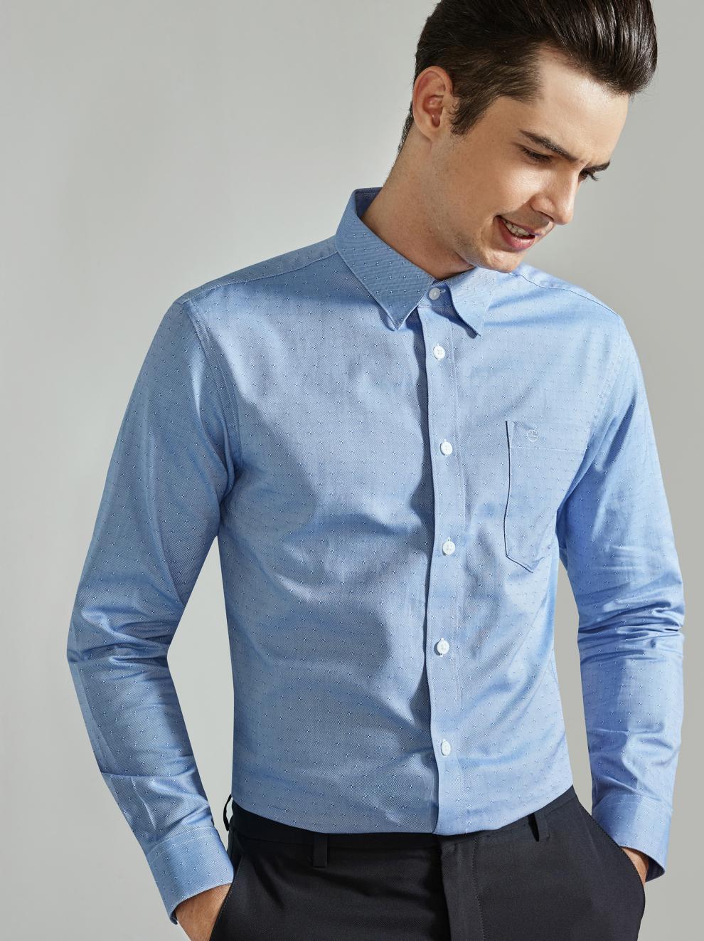 金利来男装长袖衬衫男士款丝光棉时尚波点提花休闲衬衣 蓝色-85 170