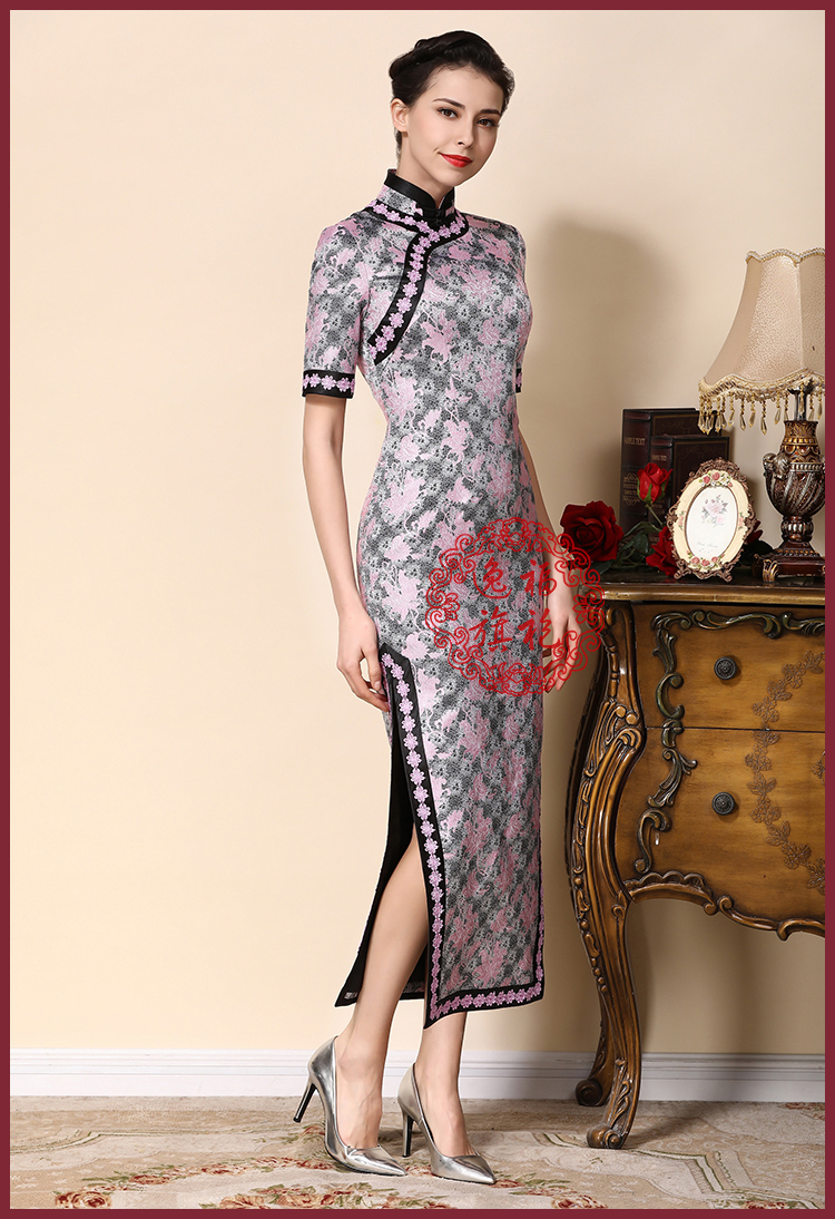 逸福春季新款女端庄大气时尚复古旗袍连衣裙锦缎长款2018新款,7天发货