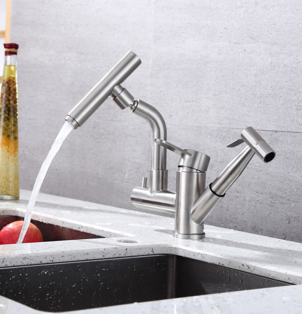 洁捷升 厨房龙头 抽拉式水龙头 不锈钢万象旋转单孔带喷枪冲洗更洁净