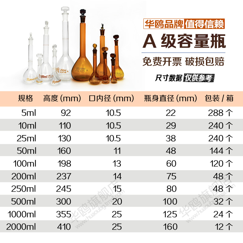 丫米华鸥容量瓶玻璃容量瓶a级包检白色茶棕色磨口具塞5ml2000ml开票