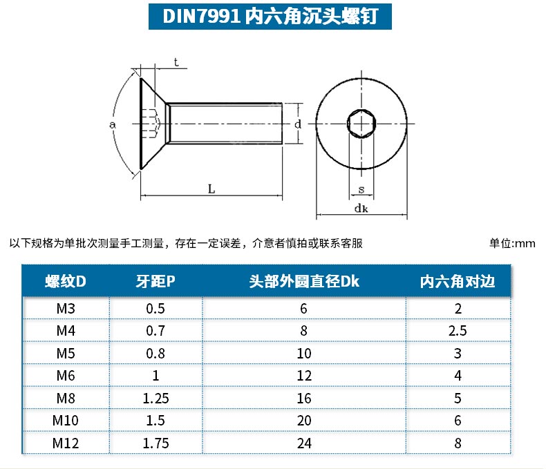 勁功m3m4m5m6m8 不鏽鋼沉頭內六角螺絲螺栓平杯平頭螺絲平頭內六角