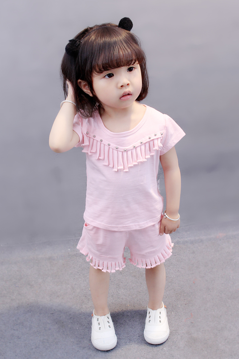 七语欣童装女童套装女宝宝两件套2018新品儿童夏装时尚纯色流苏短袖两