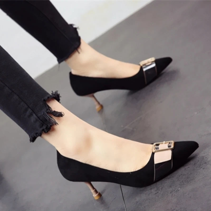 Korean version 2018 spring new temperament stiletto pointed bow suede shallow mouth high heels shoes belt buckle shoes black 37