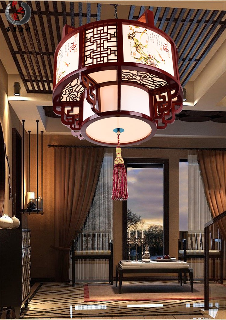 中式吊灯仿古木艺客厅餐厅灯新古典大气茶楼茶室大厅工程羊皮灯具