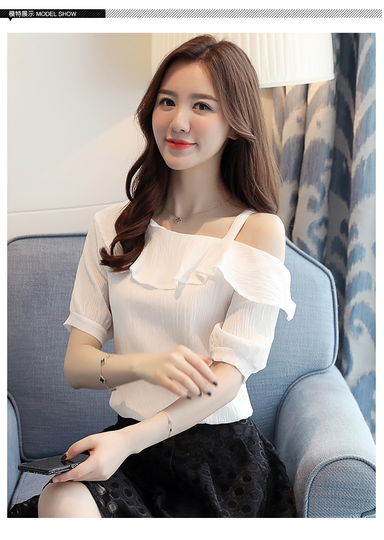 yuyi 原创一字肩女短袖雪纺衫夏装2020新款斜肩露肩荷叶边上衣女 桔