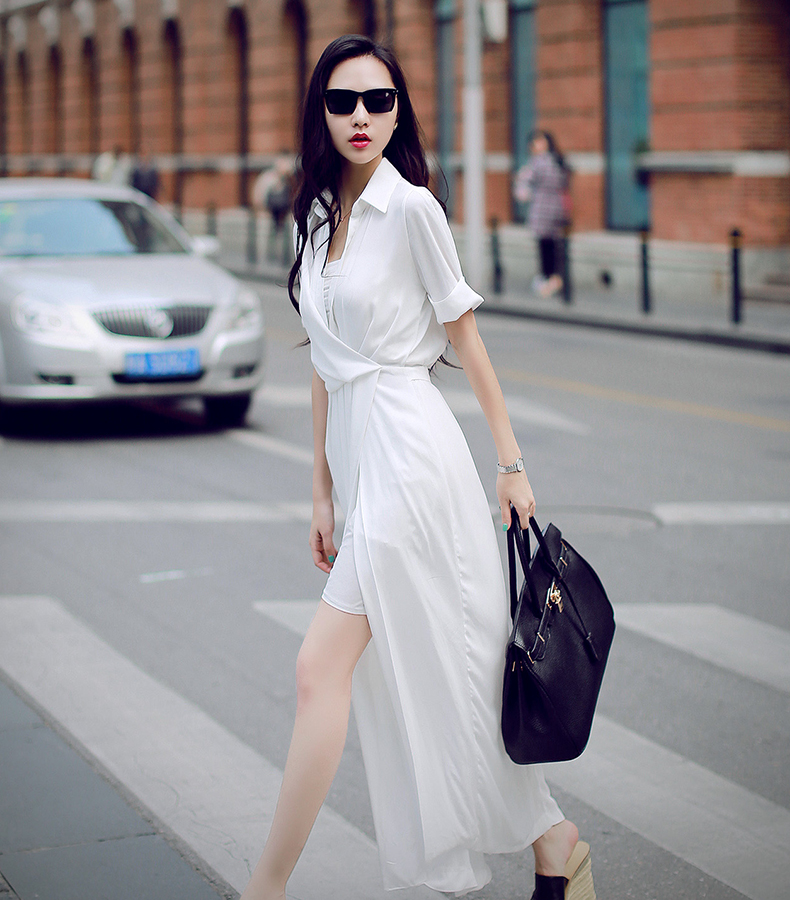 网软服饰2016夏季新韩版开叉性感雪纺裙子气质长裙春连衣裙 白色 s