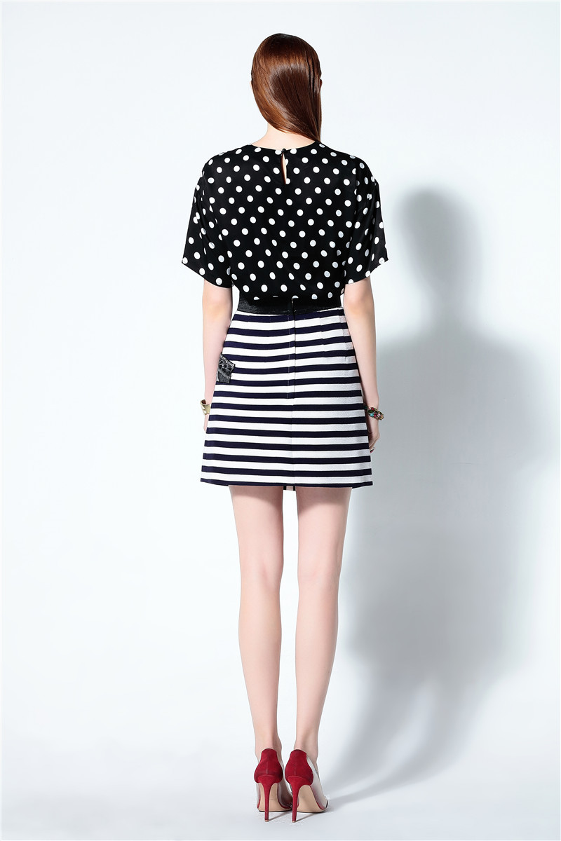 2016春季女装 波点上衣款短裙套装 欧美套装 波点上衣 条纹裙 m