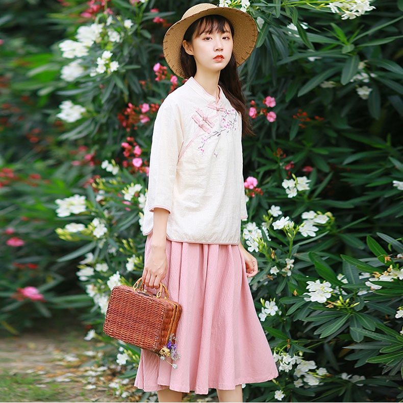 子牧棉麻 2019夏季新款 女 民族风女装复古文艺刺绣中袖立领套装0565