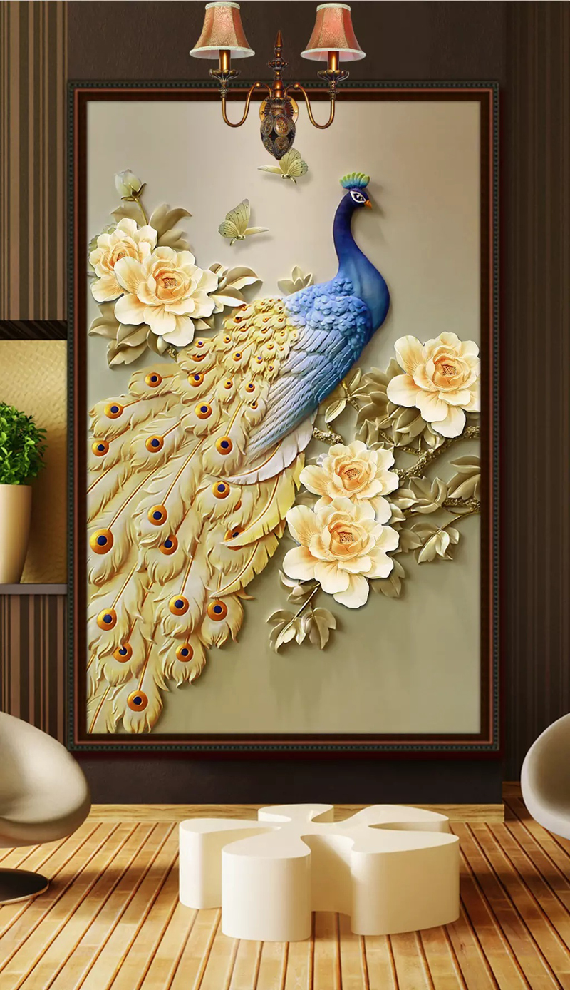 米柔浮雕孔雀玄关背景墙立体无缝壁布走廊整张新中式壁画花开富贵立体