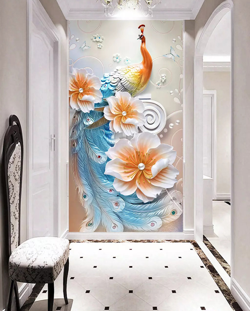 米柔浮雕孔雀玄关背景墙立体无缝壁布走廊整张新中式壁画花开富贵立体
