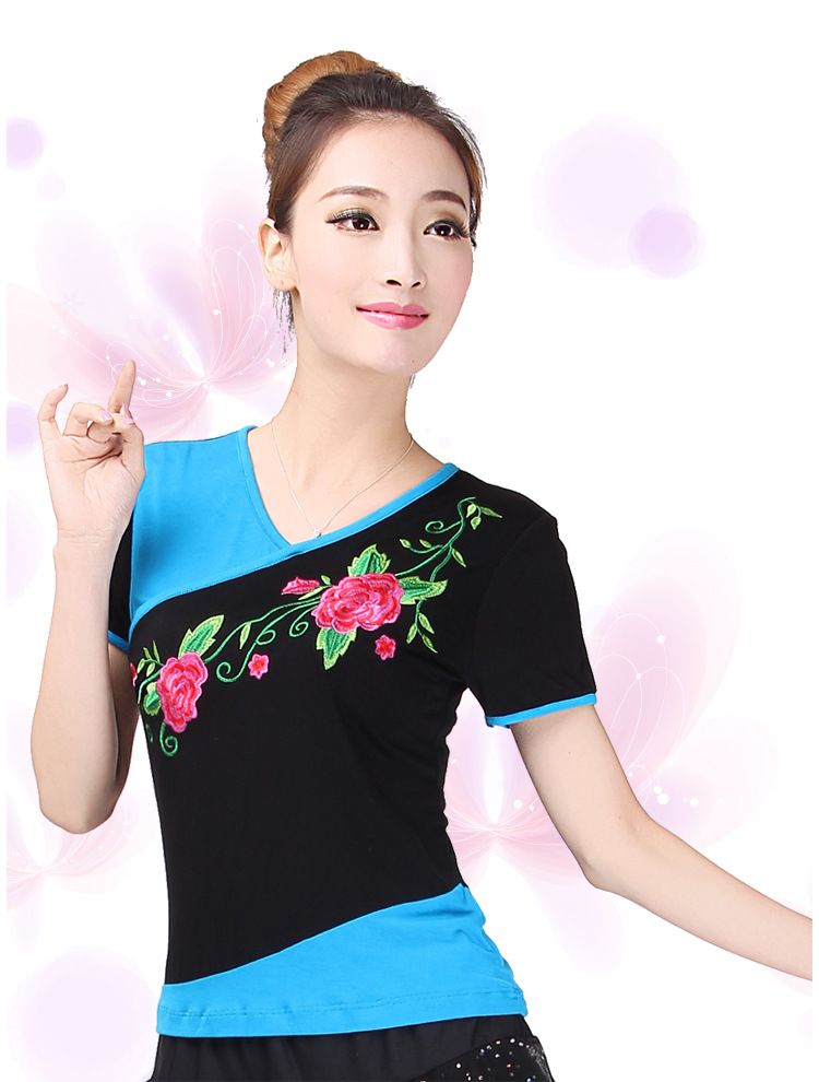 夏季广场舞服装新款上衣中老年莫代尔绣花短袖拉丁舞蹈服113 单v领
