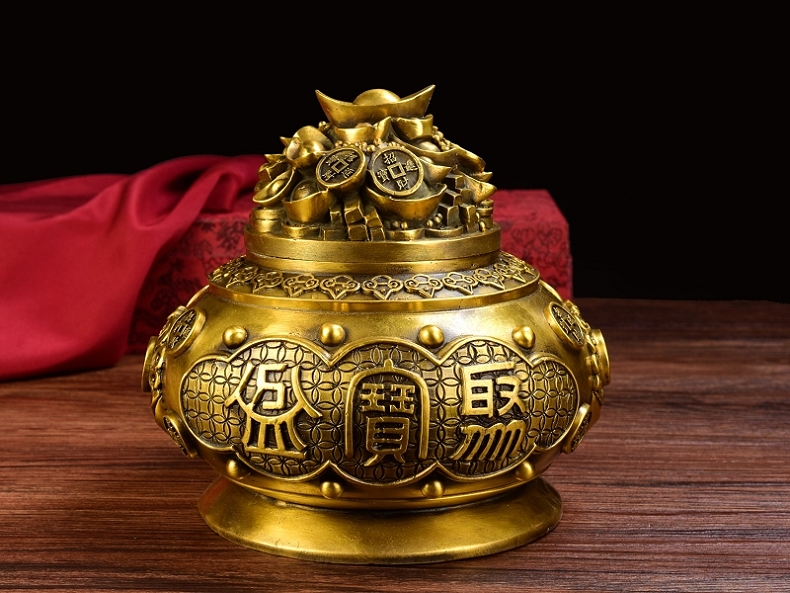 盛凡 聚宝盆摆件风水 纯铜五路财神聚宝盆客厅明财位摆设 大号五路