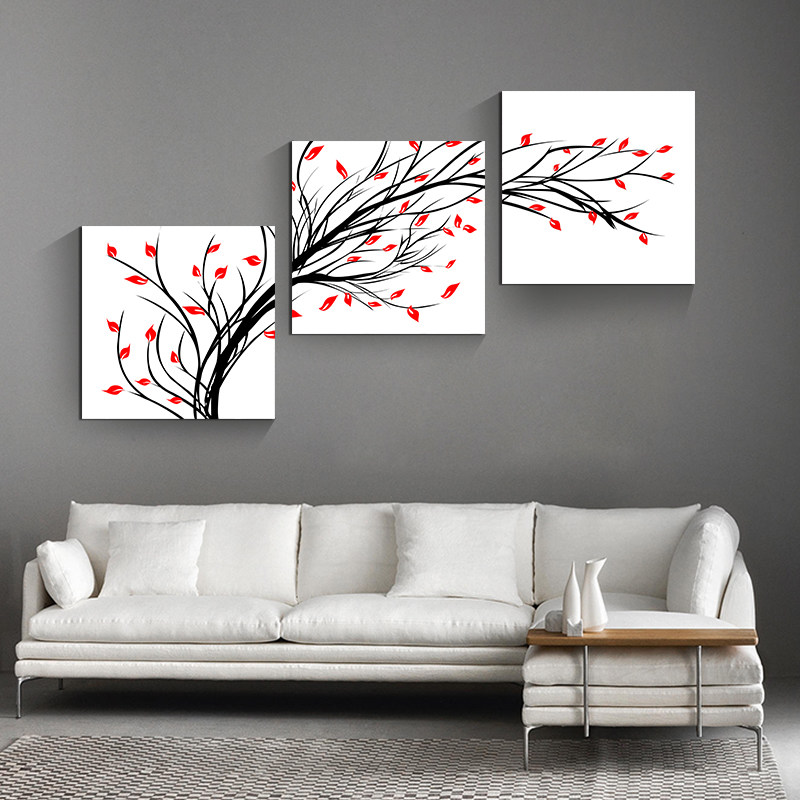 抽象装饰画客厅沙发背景墙后三联画玄关简约壁画黑白红发财树挂画