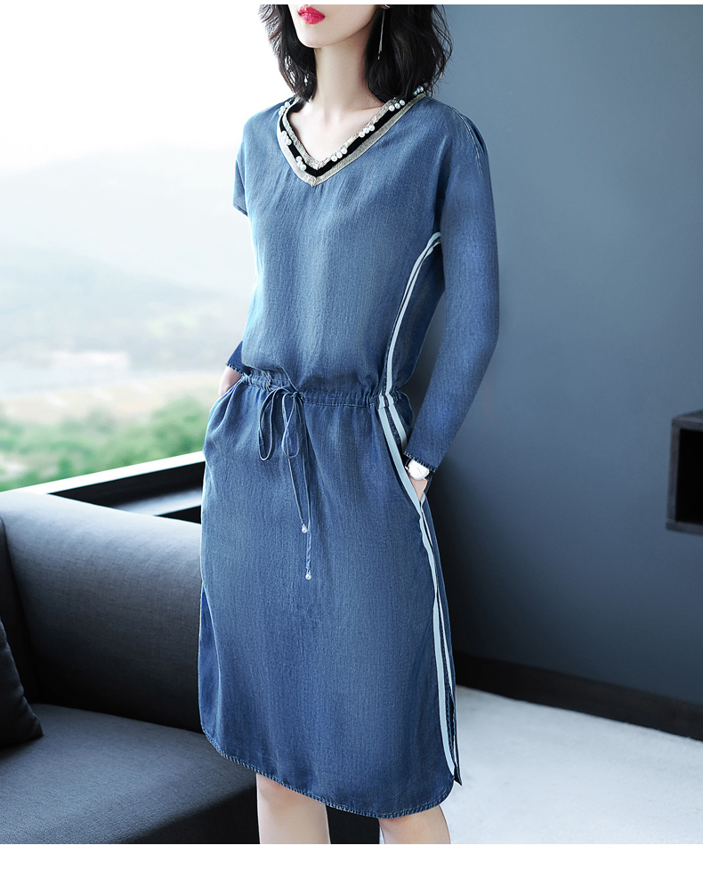 海青蓝 新款牛仔连衣裙2019春新品女装时尚v领长袖宽松束腰气质中长款