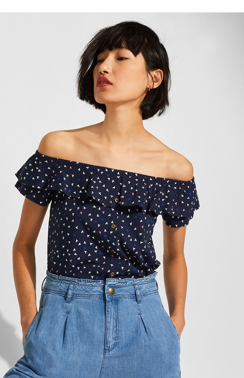 esprit时尚休闲棉麻一字领波点短袖t恤2019女新款049cc1k031 粉670