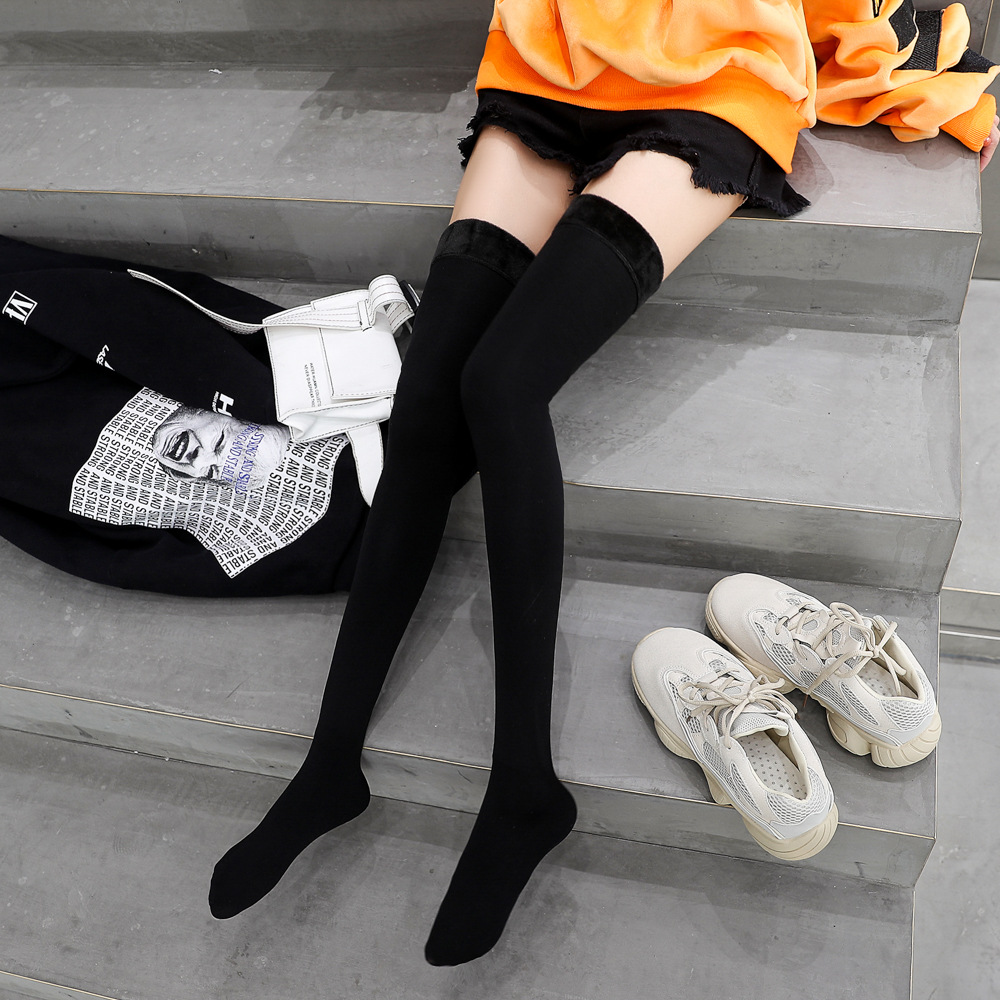 俞兆林过膝袜女秋冬加长加厚锦纶加绒高筒袜纯黑色长筒袜百搭长袜